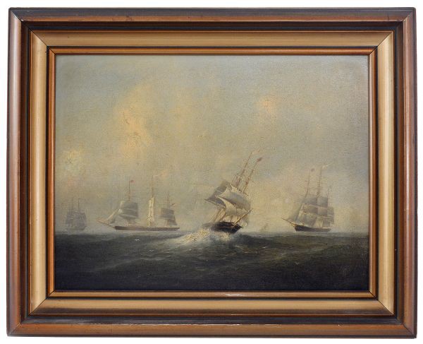 Autoria não identificada. Escola Europeia. `Marinha com Caravelas`. OSC. Século XIX. 36 x 27 cm.