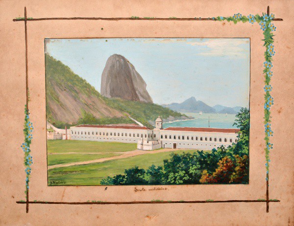 Preciosa aquarela acompanhada de documento manuscrito, encadernados e com fecho e emblema de prata à