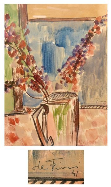 Ernesto de Fiori (Roma, Itália, 1884 - São Paulo, 1945). `Vaso de Flores`. Aquarela. 28 x 20 cm, ass