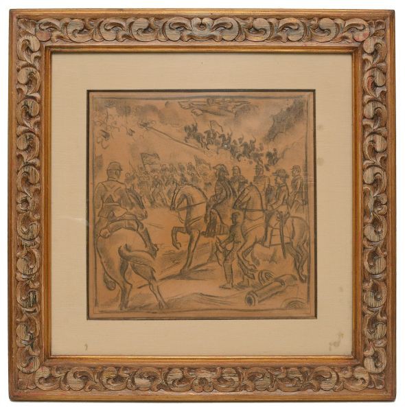 Antônio Gomide (São Paulo, Brasil, 1895 - 1967). `Cena Histórica de Batalha`. Desenho. Acie. 52 x 52