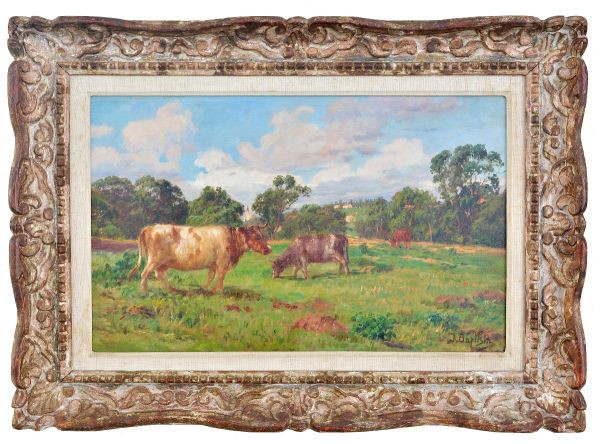 João Baptista da Costa (Itaguaí, RJ, 1865 - Rio de Janeiro, 1926). `Fazenda`. Óleo sobre placa. Acid