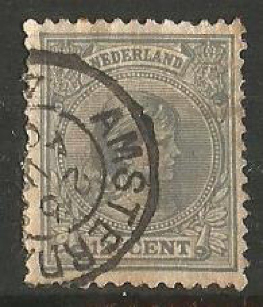 Filatelia: Selo clássico Holanda -  Efigie da rainha Guilhermina, 1891. Carimbo Nítido Amsterdã. MBC