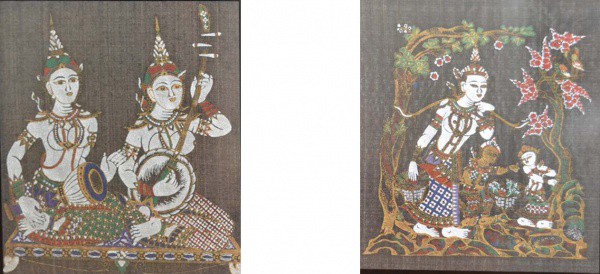 Artista não identificado. Par de quadros, representando figuras, pintura em seda, 70 X 47.