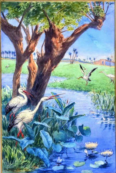 Otto Bungner (Alemanha, 1890 - Rio de Janeiro, 1965), "Paisagem com Garças".Aquarela sobre p