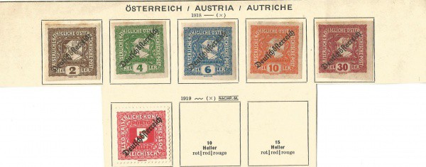 Filatelia: (8) Selos Clássicos Austríacos, 1918/1919. Apresenta sobrecarga da República da Áustria A