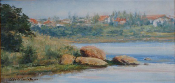 ALDO de Paula Fonseca - Paisagem com rio - OST/CIE - Datado 86 - 25 x 50 cm. .