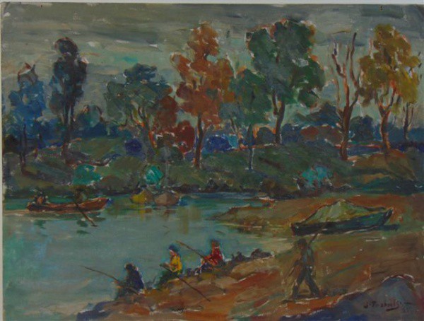 J.TRABULSI- Pescadores, óleo sobre placa / CID - Dat 83 - 45 xs 60 cm. Sem moldura.