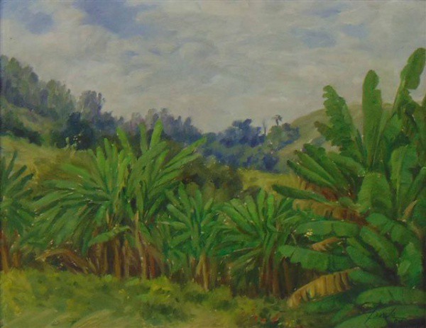 PAIVA- Bananeiras , óleo sobre placa / CID - Dat. 84 - 26 x 34 cm.