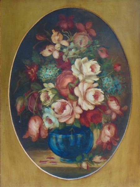 Vaso de Flores - Pintura oval a óleo com rica moldura - 72 x 50 cm.