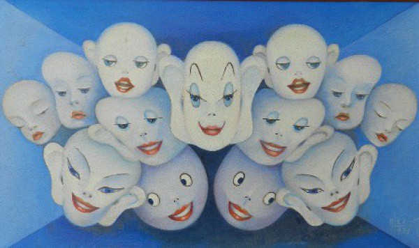 LEX MADRUGA. Mascaras no palco. (Circa de 1979). Óleo sobree tela 33 X 55cm. Assinado no canto inf