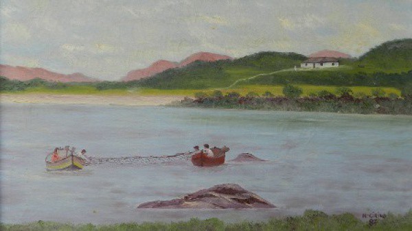 M. CIRINO. Paisagem com lago. (Circa de 1987). Óleo sobre tela 30 X 50cm. Assinado no canto inferi
