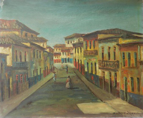 Fachada com figuras. ( Circa de 1970). Óleo sobre tela 50 x 60cm. Assinado no canto inferior direi