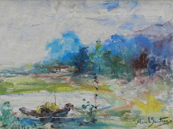MANOEL SANTIAGO. Paisagem com lago. Óleo sobre tela, medindo 46 cm x 60 cm, assinado no canto infe