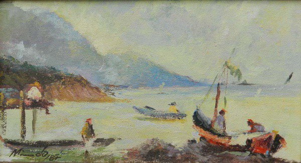 SEBASTIÃO MIRANDA.  Pescadores. ( Circa de 1987 ). Óleo sobre tela 12 X 22cm. Assinado no canto in