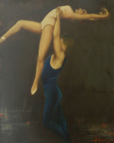 BAILARINOS. (circa de 1981). Óleo sobre tela 50 X 40cm. Assinado no canto inferior direito.