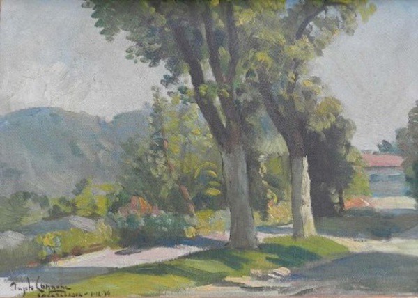 ÂNGELO CÂNONE. Paisagem. (Circa de 1974).Óleo sobre eucatex, medindo 24 cm x 34 cm, assinado no ca
