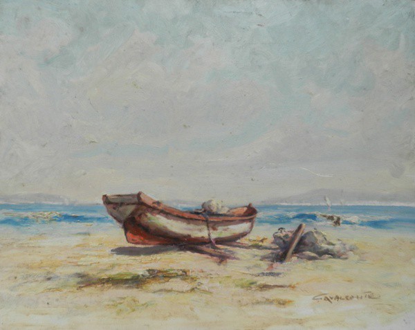 CAVALCANTE, Marinha com Barco, óleo sobre eucatex, medindo 33 cm x 41 cm, assinado no canto inferior