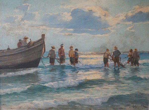 G. GARCEZ (Gentil Garcez). Voltando da pescaria. Óleo sobre tela, 60 x 80 cm. Assinado canto infer
