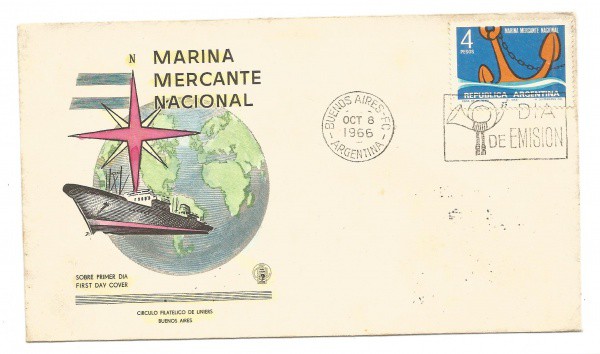 Envelope 1º Dia Argentino - Marinha Mercante Nacional, 1966. Bem conservado.