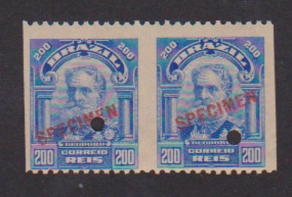 Brasil 1906 - Par de selos Deodoro da Fonseca, sem denteação e com sobrecarga SPECIMEN! Raro!