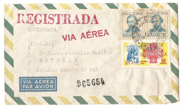 Envelope Via Aerea circulado para o Brasil, 1967. Bem conservado.