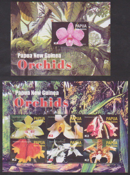 Papua e Nova Guiné - Série completa de bloco e mini folha alusiva ao tema orquídeas!