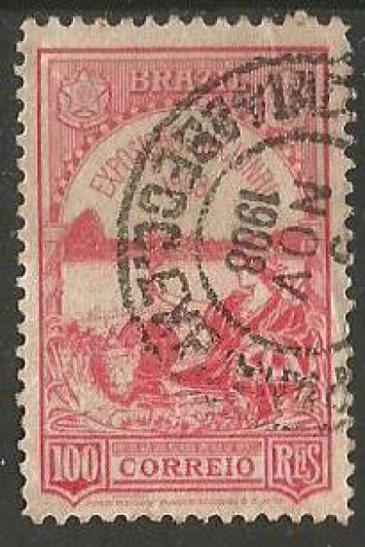 Filatelia : Selo Clássico Brasil -  Exposição Nacional, 1908. Preserva carimbo Nítido, dato de 1908.