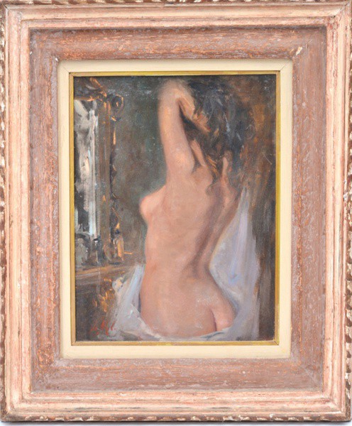 A. MELO - "Nu feminino". Óleo sobre eucatex 40 x 30 cm, assinado no canto inferior esquerdo.