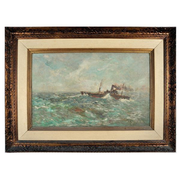 VIRGILIO LOPES RODRIGUES - Óleo sobre tela, marinha com barco, assinado no c.i.d. Meds: 39,0 cm x 62