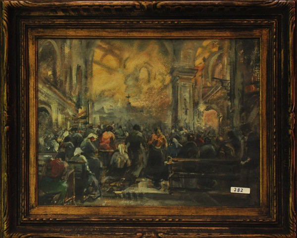 VILHITE - técnica mista sobre cartão ( Interior de igreja ) med: 36 x 51,5 cm. C/ moldura.