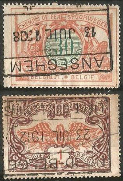 Filatelia : Selos (2) Ferroviários da Bélgica. Carimbos nítidos datados de 1908 e 1912. Ótimo estado