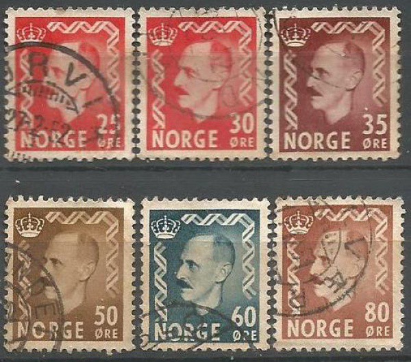 Filatelia : Selos (6) da Noruega, efigie do - Rei Haakon Vll, cerca de 1955 / 1956. NOVOS