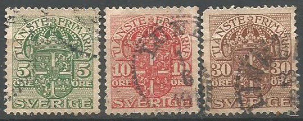 Filatelia : Selos de Serviço da Suécia, 1910/ 11. Ótimo estado