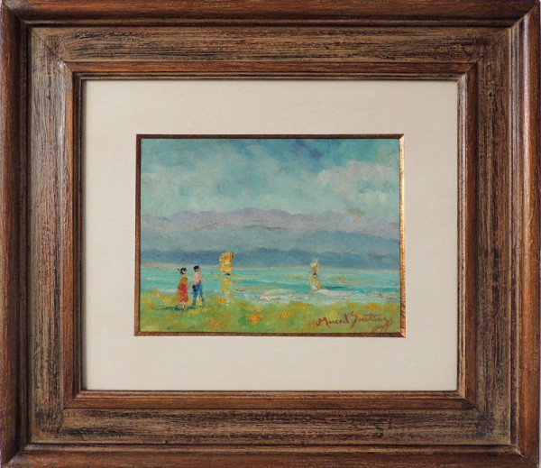 MANOEL SANTHIAGO, Marinha com banhistas - óleo sobre placa - 18x22 cm - acid