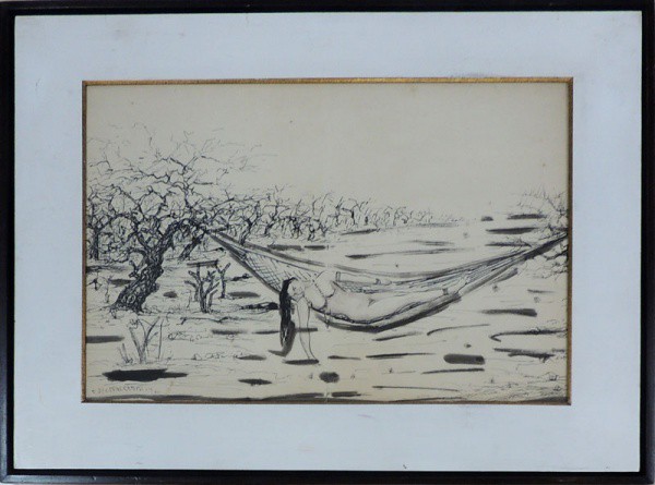 E. DI CAVALCANTI, mulata na rede - nanquim - 35x50 cm - acie Rio 1954