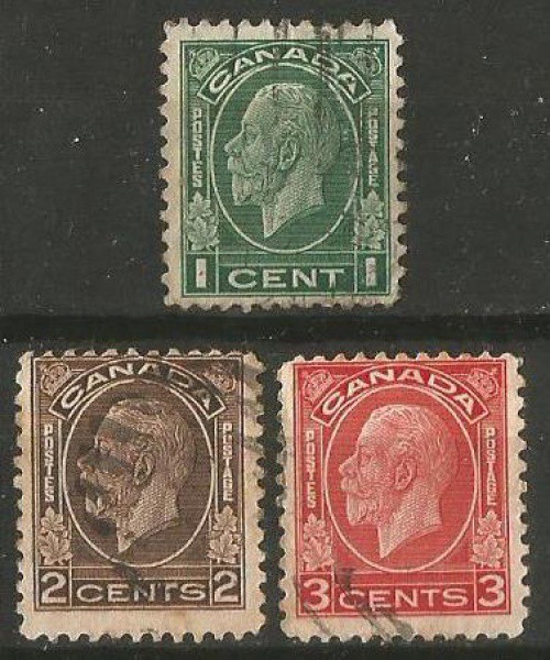 Filatelia: (3) Selos Canadá 1932. Efígie Rei George V. Excelente estado de conservação.
