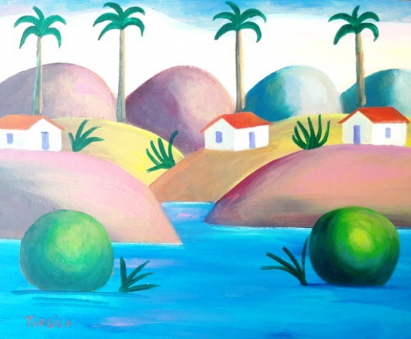 Tarsila, paisagem, óleo sobre cartão colado em madeira, Obra com documento R$ 23 X 27 cm