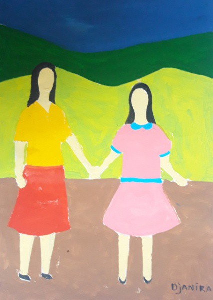 Djanira, duas figuras, técnica mista sobre papel, 23 X 16 cm, assinado no canto inferior direito Obr
