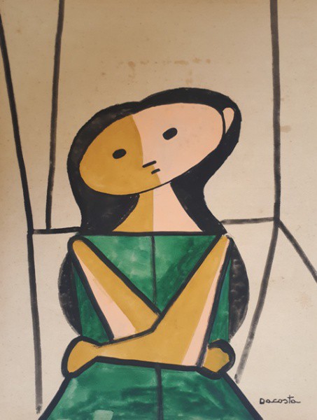 Dacosta menina, técnica mista sobre papel, 24 X 15 cm, assinado no canto inferior direito, Obra com