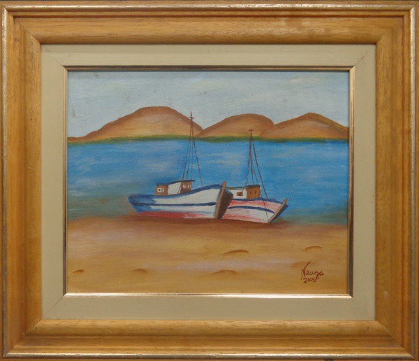 AM019, NEUZA, óleo sobre tela, representando marinha, medindo 29 x 23 cm.