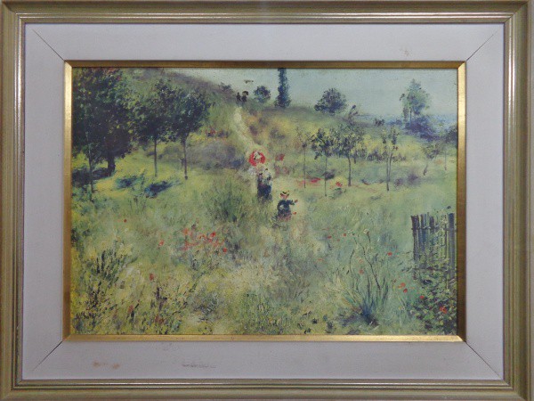 AM019, MONET, reprodução em tela, representando paisagem com figuras, medindo 56 x 38 cm. Necessita