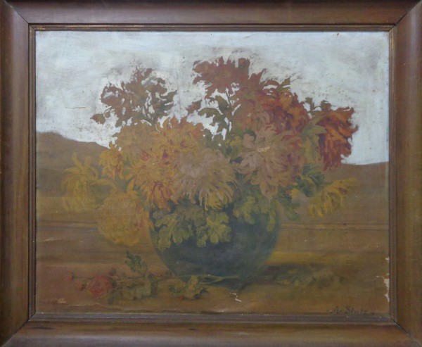 AM019, AR. STUTZ, óleo sobre cartão, representando vaso com flores, medindo 71 x 57 cm. Necessita re