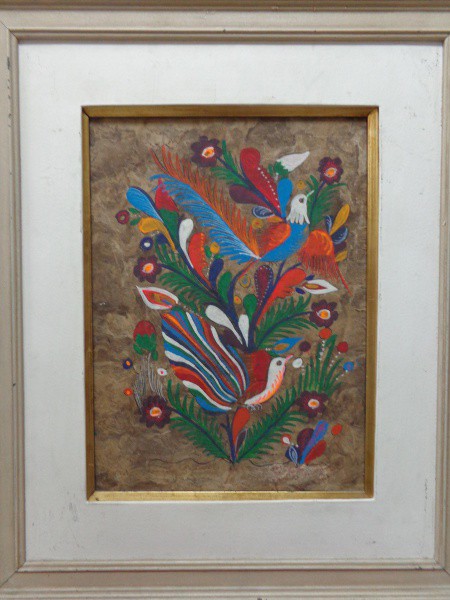 AM019, SEM ASSINATURA, pintura mexicana sobre papel artesanal, representando flores e pássaros, medi