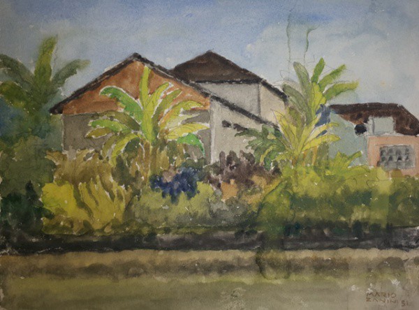 Mario Zanini, paisagem, técnica mista sobre cartão. 22 X 28 cm, assinado no canto inferior direito