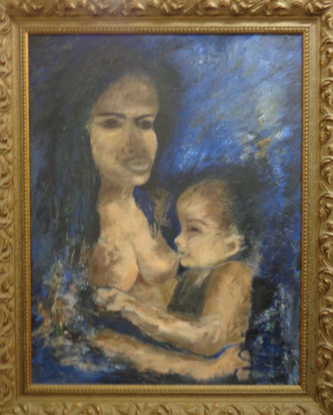 AM019, ASSINATURA ILEGÍVEL, óleo sobre tela, representando maternidade, medindo 68 x 89 cm. Necessit