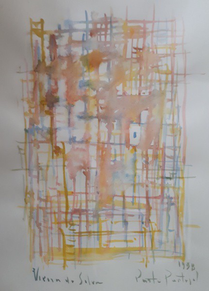 Vieira da Silva,abstrato, 29 X 21 cm, aquarela sobre cartão, assinado no canto inferior esquerdo e d