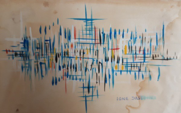Ione Saldanha, abstrato, técnica mista sobre papel, 13 X 20 cm, assinado no canto inferior direito,