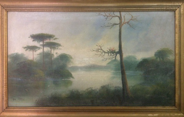 AM087, DE CARLI, óleo sobre tela, representando paisagem, medindo 47 x 27 cm.