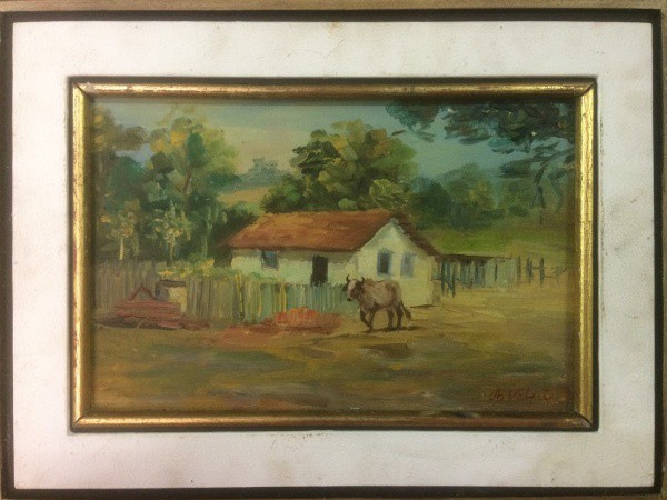 AM002, A. VOLPI, óleo sobre tela, representando paisagem com figura, medindo 28 x 18 cm.