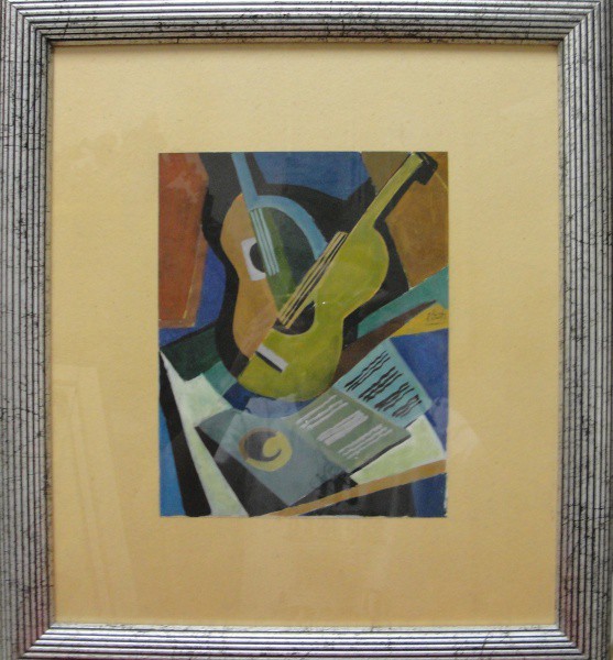 AM051, E. DI CAVALCANTI, óleo sobre cartão, representando violões e partituras, medindo 19 x 24 cm.